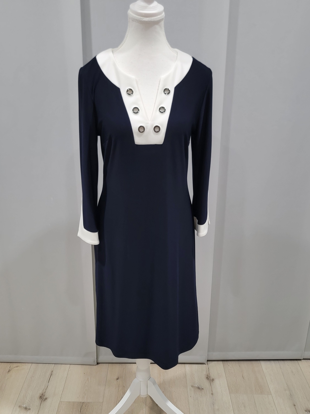 Joseph Ribkoff Navy Dress with White Trim and Decorative Buttons